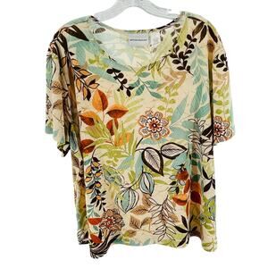 Alfred Dunner Green Brown Tan Floral Stretch V-Neck Short Sleeve Pullover Top L